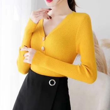 Jesensko-zimske pletene V-izrez u obliku čvrste korejski džemper ženski dres s dugim rukavima ženski spust pulover Slim Office Lady 10918 1