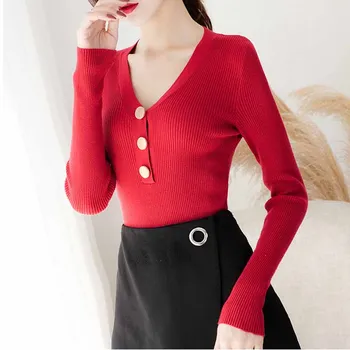 Jesensko-zimske pletene V-izrez u obliku čvrste korejski džemper ženski dres s dugim rukavima ženski spust pulover Slim Office Lady 10918 2