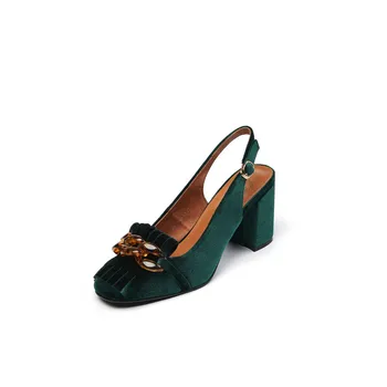 Klasicni zelene plastične sandale s lancem nevjerojatan stil nove ljetne baršun kićankama buckle debela peta francuska riječ s visokim potpeticama žene 1