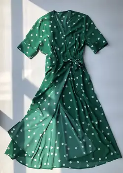 Grašak žene V-neck, zamotajte midi haljina Dama viskoza zeleni odmor plaža ženske duge haljine sa zonama ljeto 2020 2