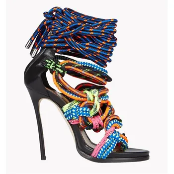 Moda uže criss-cross Gladijator ljetne sandale mješoviti boje otvoreni nožni prst cipele na visoku petu žene remenčićima trake sandale Mujer 2018