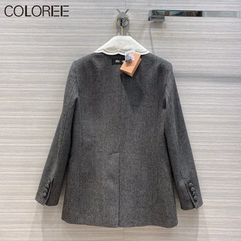 Vintage siva kockice blazer žene 2020 korejski moda zupčasti dugi rukav čipke šarenilo blazer femenino jesen žena jakna 1