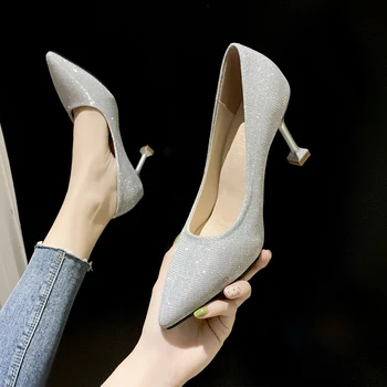 Ženske štikle 2019 jesen novi 41 veliki veličina jednostruke cipele korejski Štikli oštar fine usta šljokice srebrne cipele za vjenčanje