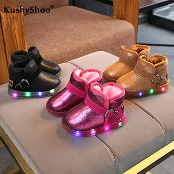 Kushyshoo Snow Čizme 2020 sjajni modni buckle Light Up Kids Shoes Plus Velvet Višebojni All-match Hook&loop topla zimska obuća