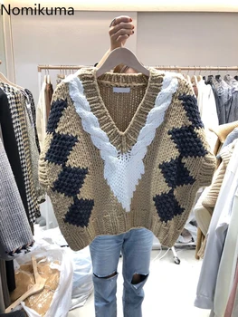 Nomikuma elegantan V-izrez hit Boja upletena džemper uzročno vrećice kratke pletene pulover 2020 jesen zima Novi povući top 6D665 2