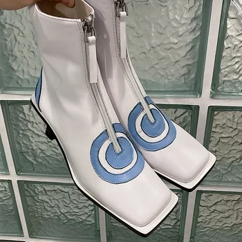 Dizajnerske jesensko zimske čizme od prave kože ženske čizme ukusan cipele na visoku petu s trga vrhom crne i bijele ženske kratke čizme 1