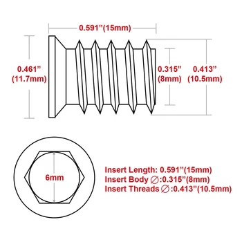 SHGO HOT-100pc 1/4 inča-20 x 15 mm namještaj vijak u maticu navojem drveni umetci Vijak za učvršćenje priključak šesterokutna utičnica pogon