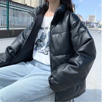 2020 moda crna umjetna koža kratko toplom fuga balon kaput oversized zimska jakna od umjetne kože ženska parka MY43 1
