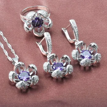 Elegantan ljubičasta Crystal narukvica nakit kompleti za žene srebrnu boju stranke svadbeni nakit naušnice i ogrlice prstenje skup YZ0614