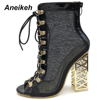 Aneikeh veličina 41 42 43 Seksi Golden Bling gladijatorske sandale Ženske cipele-brod Ženske cipele čipka-up čizme na visoku petu moda 2020 1