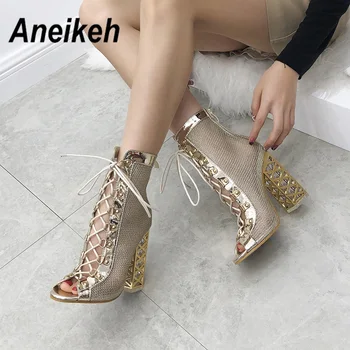 Aneikeh veličina 41 42 43 Seksi Golden Bling gladijatorske sandale Ženske cipele-brod Ženske cipele čipka-up čizme na visoku petu moda 2020 2