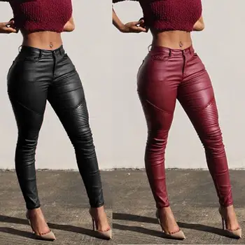 Trendy ženske hlače s visokim strukom PU ženske uske tajice tanke seksi hlače svakodnevne Ženske crnci crvene hlače od umjetne kože 2