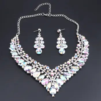 Luksuzni vjenčanje nakit setovi AB color Crystal ogrlica i naušnice set darove za žene dating ball haljina srebrna boja pribor 1