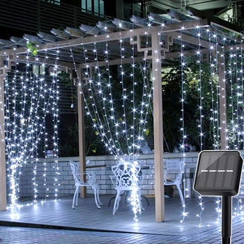 BEIAIDI 3X3M 300 LED Solar Icicle Curtain Fairy String Light 8 Mode Outdoor Christmas Window Icicle LED Light String Garland 2