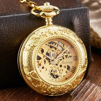Retro vintage zlatne urezana fin sat suočava mehanička ruka vjetar džepni sat s брелоком lanac luksuznih muški sat je mehanički sat 1
