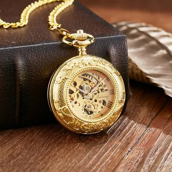 Retro vintage zlatne urezana fin sat suočava mehanička ruka vjetar džepni sat s брелоком lanac luksuznih muški sat je mehanički sat 2