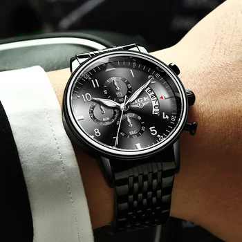 LIGE vodootporan kronograf od nehrđajućeg čelika mens najbolji brand luksuznih crna poslovne sat muška moda datum kvarcni sat+kutija 1