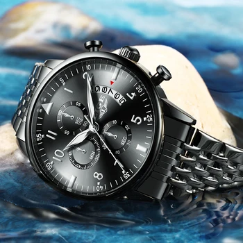 LIGE vodootporan kronograf od nehrđajućeg čelika mens najbolji brand luksuznih crna poslovne sat muška moda datum kvarcni sat+kutija 2