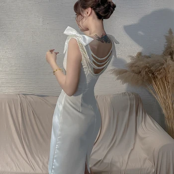 2020 Novi Starinski Stil Hepburn Elegantan Bijeli Biseri Lanac Haljinu Dužine Do Koljena V-Neck, Špageti Remen Večernje Haljine Žene 1