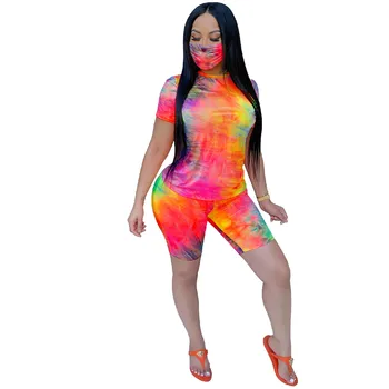 HAOOHU Women Tie Dye Black Lives Matter Mask With Three Piece Set Tee Tops Shorts Trkač Suit Tracksuit Matching Set Outfit 1