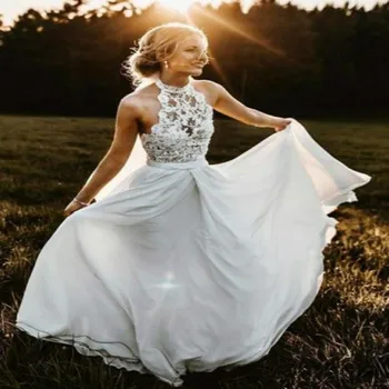 Jeftini Vjenčanica Boho Seksi Backless Lace Top Floor Length Šifon Bez Rukava Češka Vjenčanica 2019 Plus Veličine Do 100 1