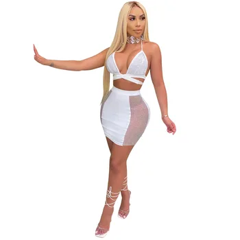 Cutubly Women Club Party 2 Piece Outfits Seksi Diamond Tracksuit Matching Sets 2020 Spaghetti Strap Top and Mini Skirt Suit 2