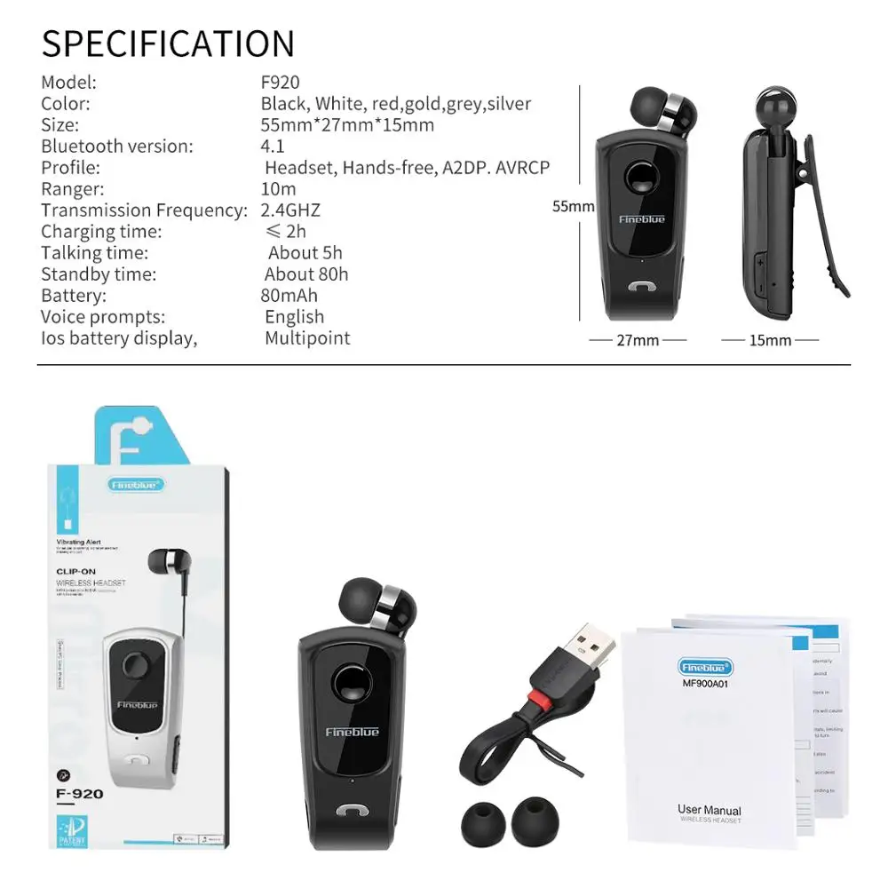 FineBlue F920 Wireless Auriculares Driver za Bluetooth teleskopski tip poslovni slušalice pozive podsjećaju na vibracije nositi isječak Sport UM Slika 3