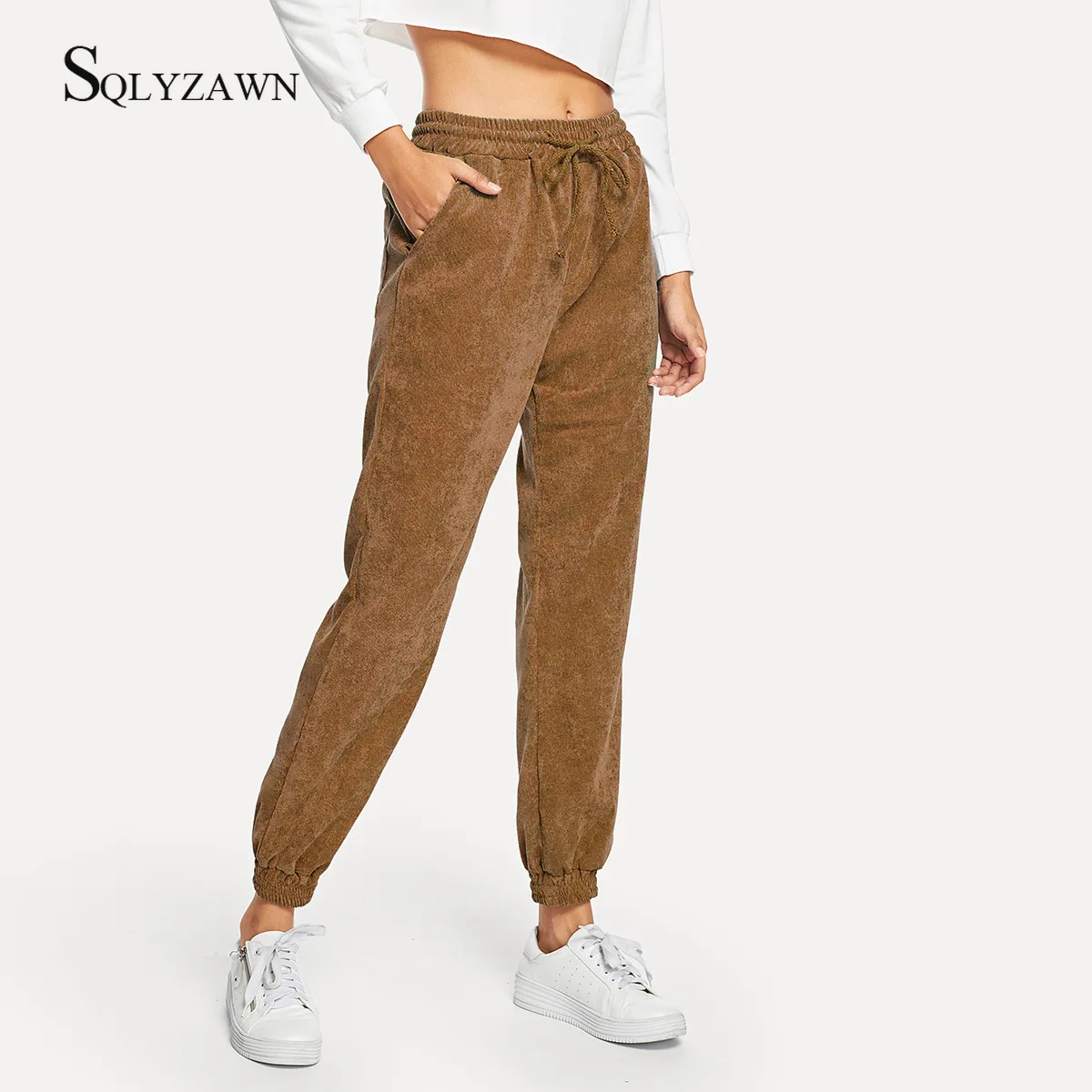 Harajuku Drawstring čvrste samt elastične hlače s visokim strukom ženske slobodne sportske hlače 2019 Modne jesenske svakodnevne hlače i hlače Slika 1