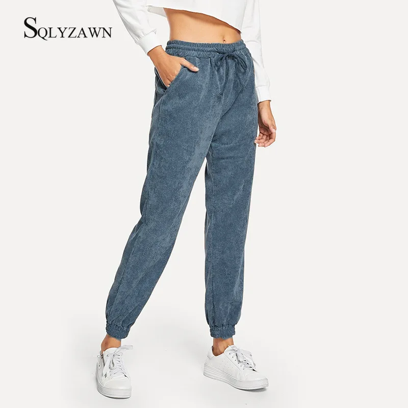 Harajuku Drawstring čvrste samt elastične hlače s visokim strukom ženske slobodne sportske hlače 2019 Modne jesenske svakodnevne hlače i hlače Slika 2