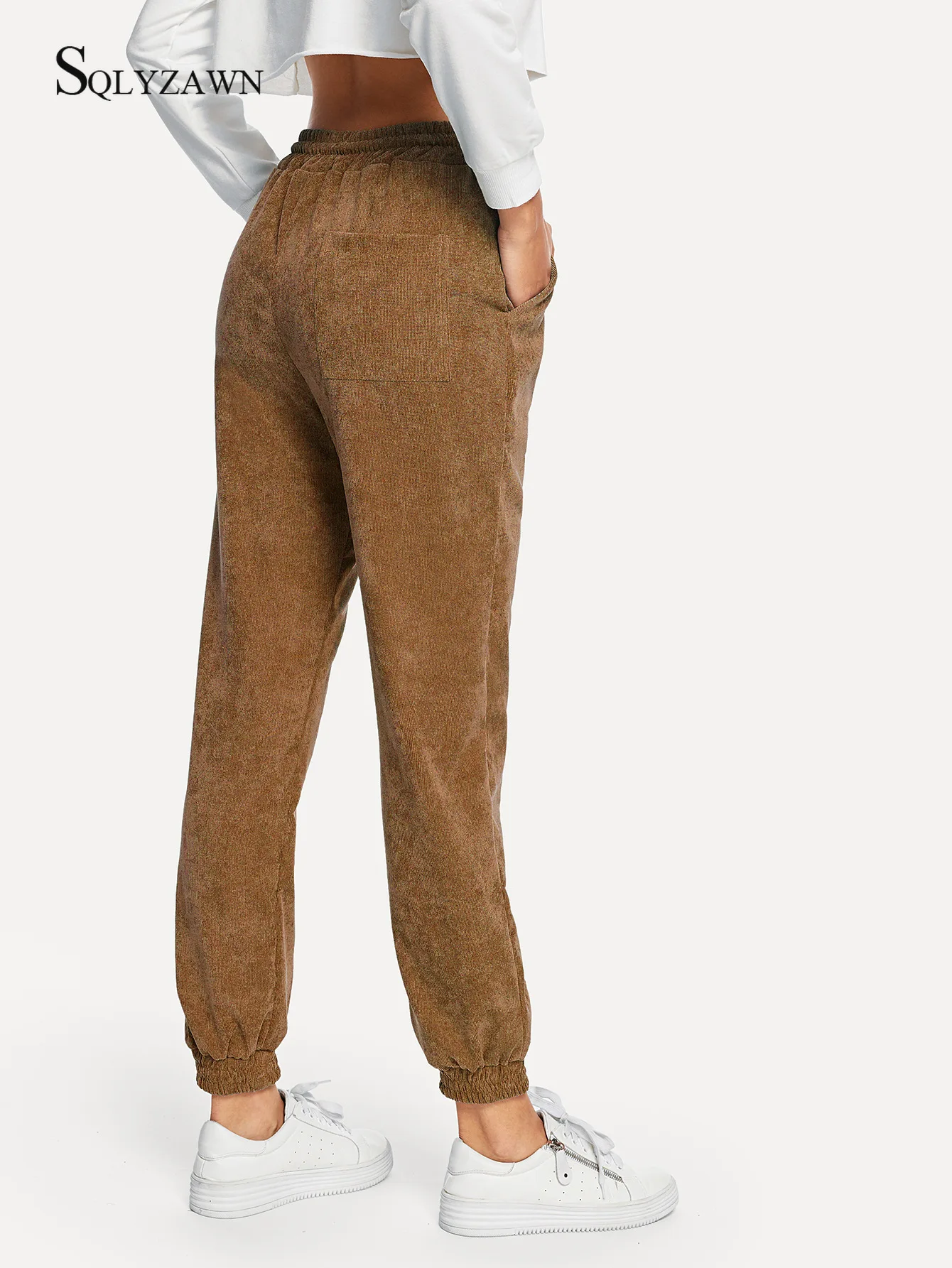 Harajuku Drawstring čvrste samt elastične hlače s visokim strukom ženske slobodne sportske hlače 2019 Modne jesenske svakodnevne hlače i hlače Slika 4