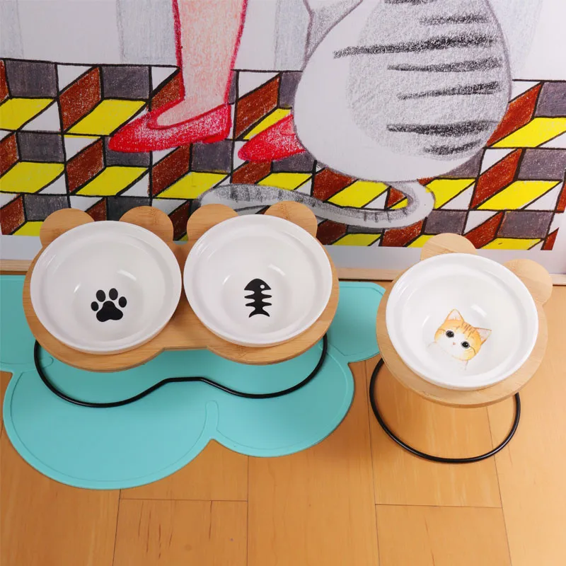 High-end Pet Bowl bamboo pukovnije keramičke izvoda i piće za pse i mačke Slatka Dog Bowl Pet Feeder pribor Slika 1
