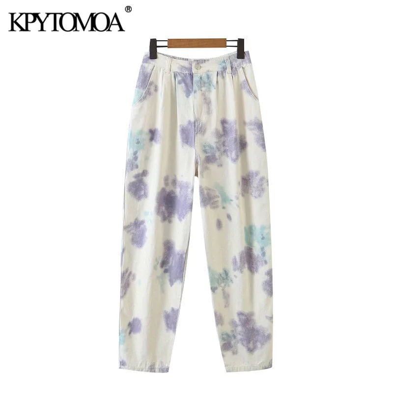 KPYTOMOA Women 2020 Chic Fashion Tie-dye Print bočni džepovi stare hlače Visoka Struka munja Fly ženski gležanj hlače Mujer Slika 4