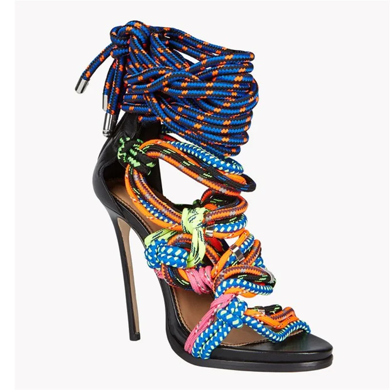 Moda uže criss-cross Gladijator ljetne sandale mješoviti boje otvoreni nožni prst cipele na visoku petu žene remenčićima trake sandale Mujer 2018 Slika 1