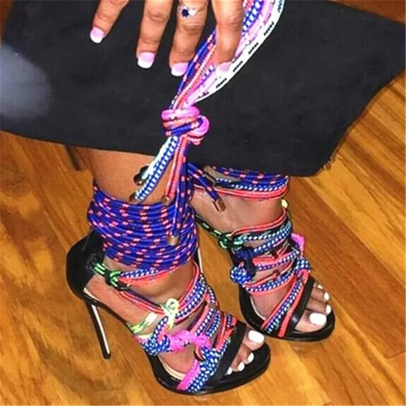 Moda uže criss-cross Gladijator ljetne sandale mješoviti boje otvoreni nožni prst cipele na visoku petu žene remenčićima trake sandale Mujer 2018 Slika 4
