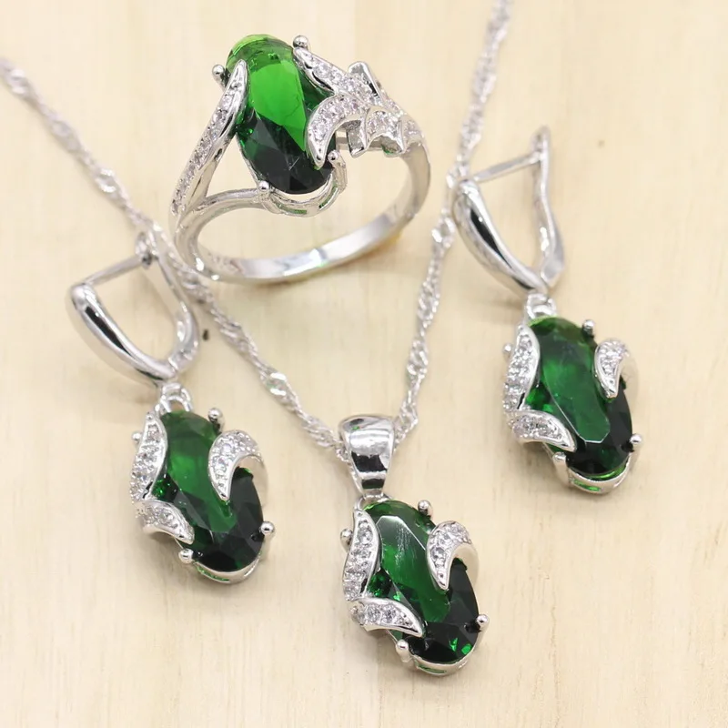 Trendi ženski srebrna boja nakit setovi crvena zelena kristal naušnice privjesak ogrlice prstenje setovi za Božić poklon za vjenčanje Slika 1