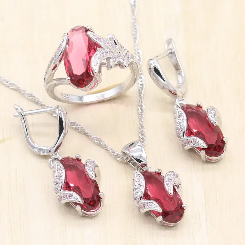 Trendi ženski srebrna boja nakit setovi crvena zelena kristal naušnice privjesak ogrlice prstenje setovi za Božić poklon za vjenčanje Slika 3