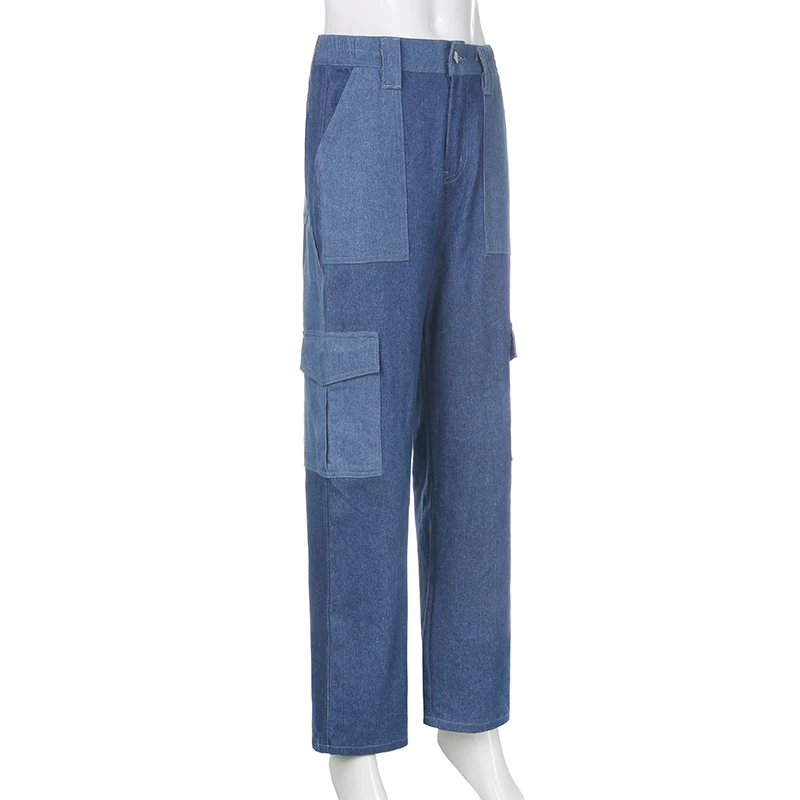 Vanjska odjeća patchwork plave ženske traperice 2020 jesen Visoki struk duge ravne hlače teretni traper hlače Y2K Ženske capri Harajuku Slika 3