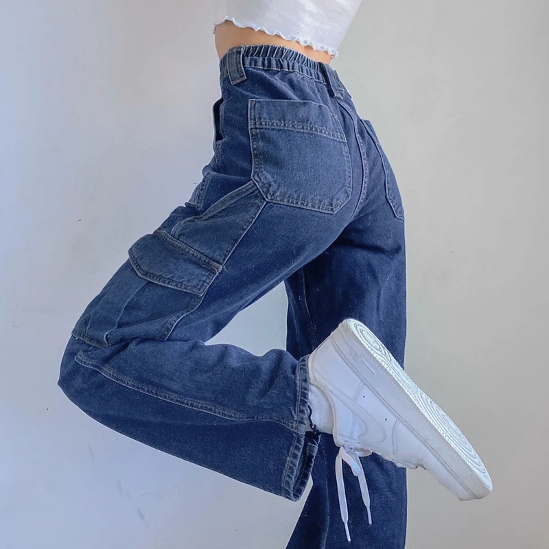 Vanjska odjeća patchwork plave ženske traperice 2020 jesen Visoki struk duge ravne hlače teretni traper hlače Y2K Ženske capri Harajuku Slika 4