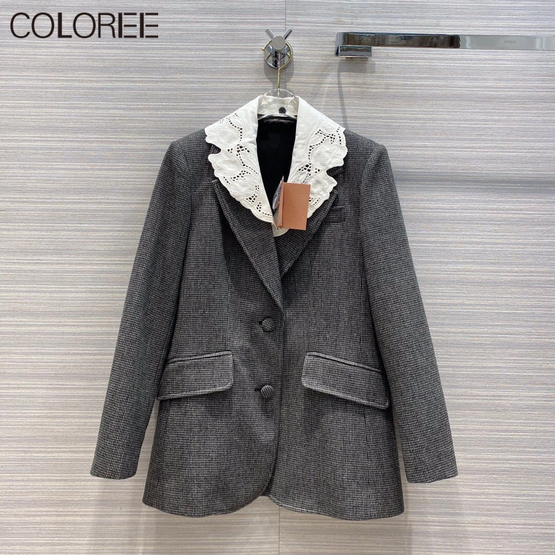 Vintage siva kockice blazer žene 2020 korejski moda zupčasti dugi rukav čipke šarenilo blazer femenino jesen žena jakna Slika 2