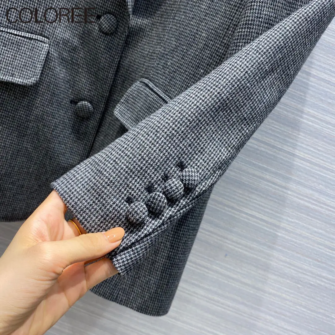 Vintage siva kockice blazer žene 2020 korejski moda zupčasti dugi rukav čipke šarenilo blazer femenino jesen žena jakna Slika 3
