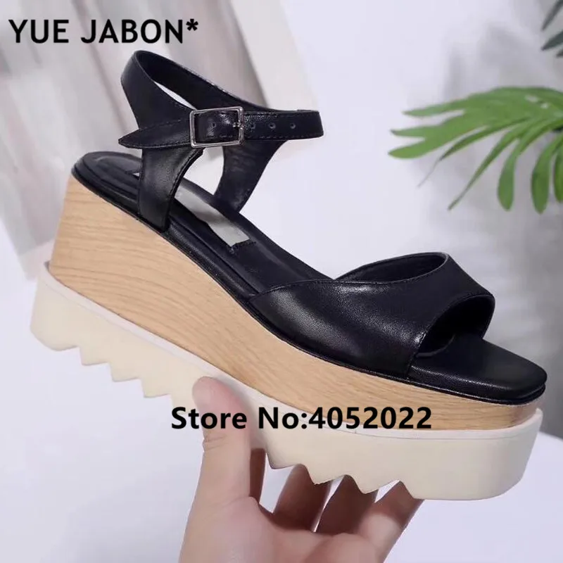 YUE JABON metalik sandale na platformu ljetna obuća Ženska Sapato Star vanjski čarapa buckle kožne sandale klinovi svakodnevni Zapato Mujer Slika 1