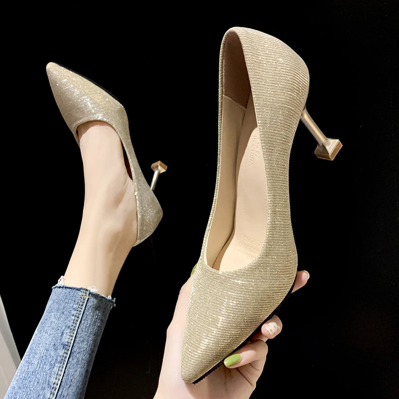 Ženske štikle 2019 jesen novi 41 veliki veličina jednostruke cipele korejski Štikli oštar fine usta šljokice srebrne cipele za vjenčanje Slika 1