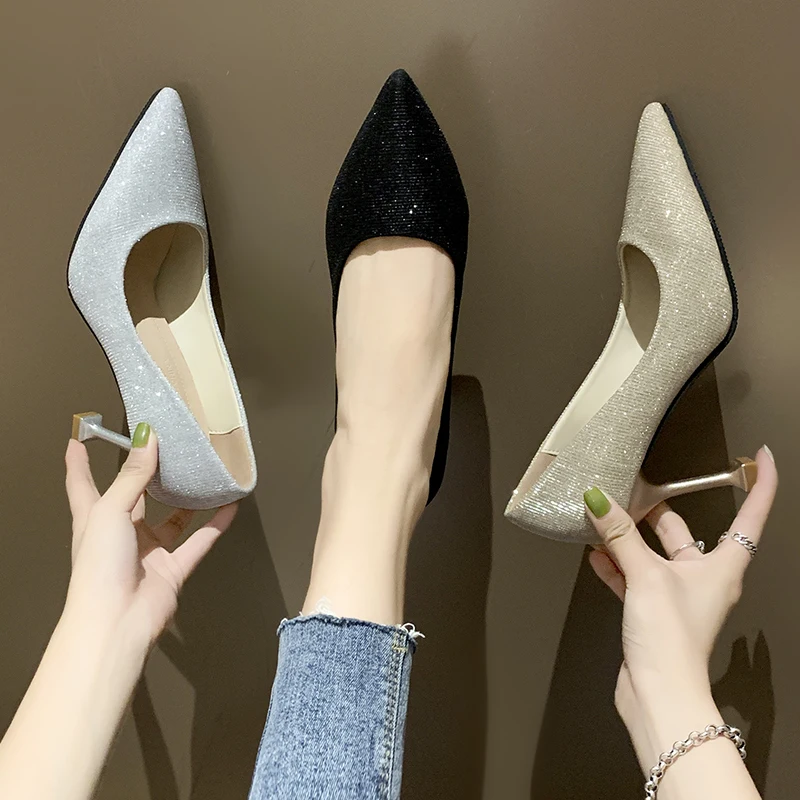 Ženske štikle 2019 jesen novi 41 veliki veličina jednostruke cipele korejski Štikli oštar fine usta šljokice srebrne cipele za vjenčanje Slika 2